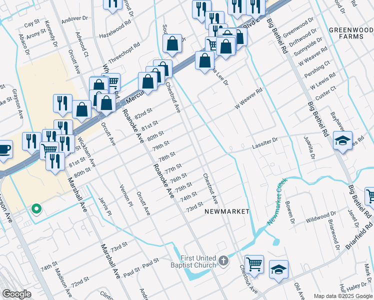 map of restaurants, bars, coffee shops, grocery stores, and more near 1124 78th Street in Newport News