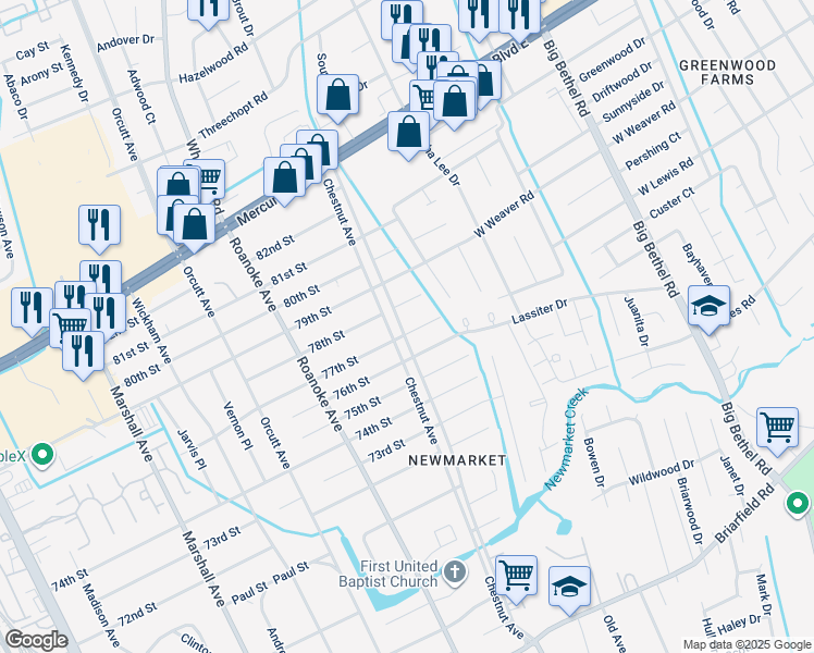 map of restaurants, bars, coffee shops, grocery stores, and more near 1201 77th Street in Newport News
