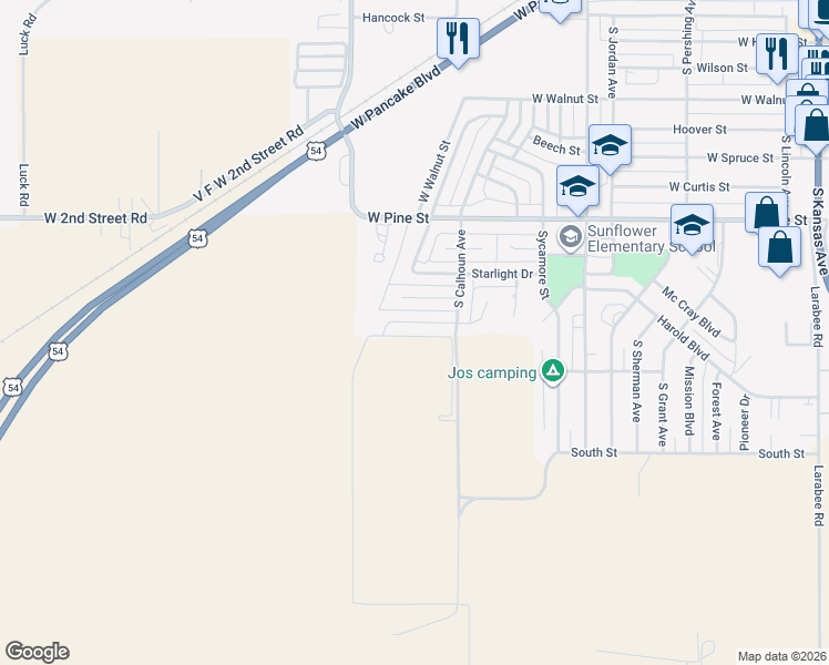 map of restaurants, bars, coffee shops, grocery stores, and more near in Liberal