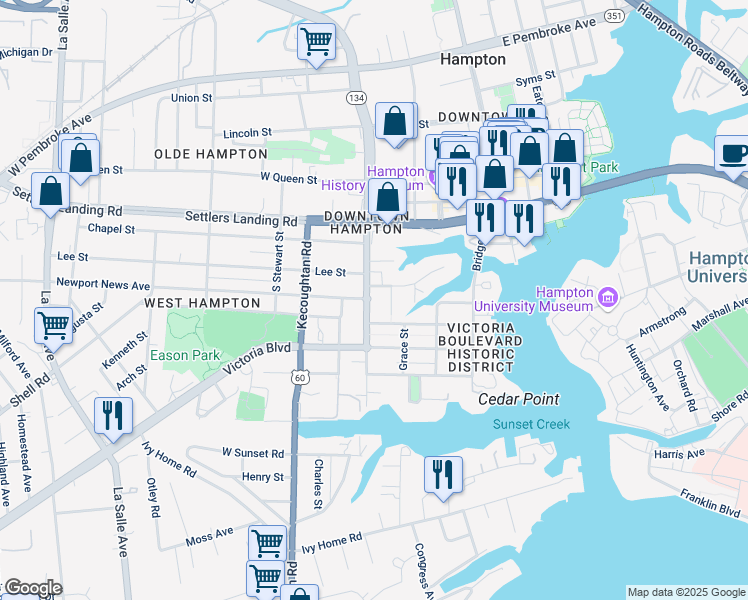 map of restaurants, bars, coffee shops, grocery stores, and more near 406 South Armistead Avenue in Hampton
