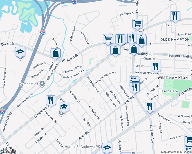 map of restaurants, bars, coffee shops, grocery stores, and more near 910 Ridgeway Avenue in Hampton
