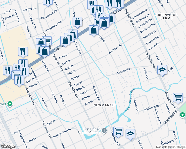 map of restaurants, bars, coffee shops, grocery stores, and more near 1201 77th Street in Newport News