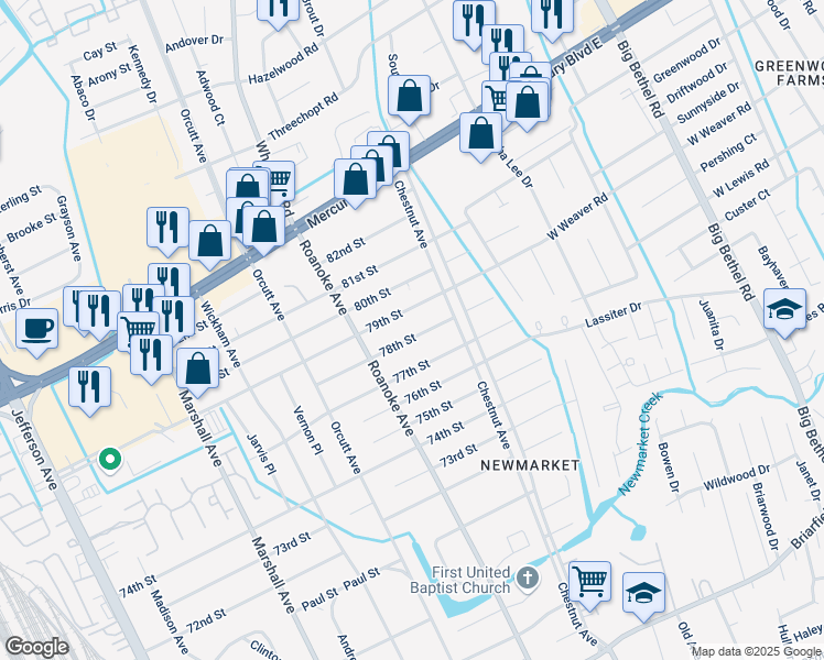 map of restaurants, bars, coffee shops, grocery stores, and more near 1113 78th Street in Newport News