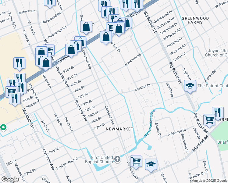 map of restaurants, bars, coffee shops, grocery stores, and more near 1213 76th Street in Newport News