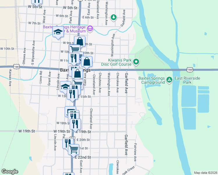 map of restaurants, bars, coffee shops, grocery stores, and more near 501 East 14th Street in Baxter Springs