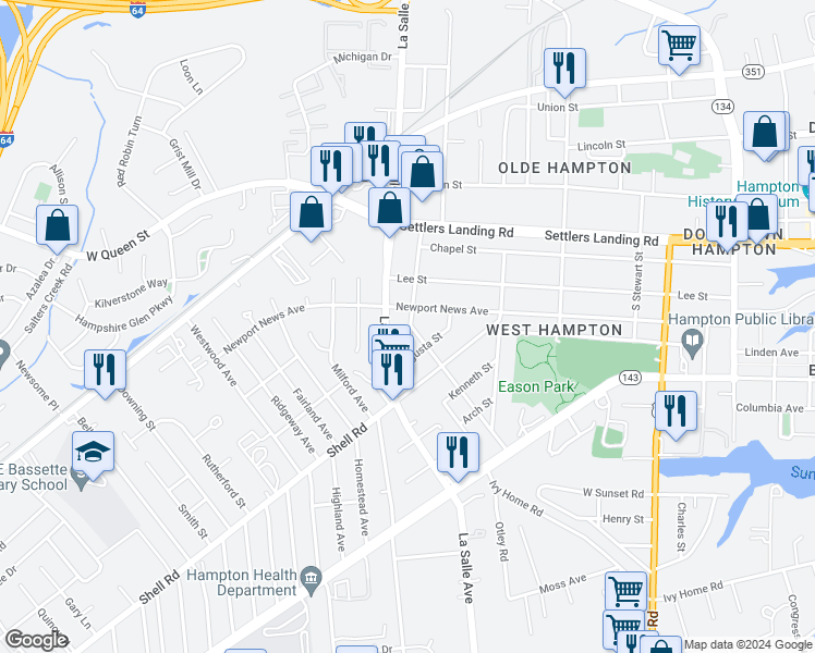map of restaurants, bars, coffee shops, grocery stores, and more near 700 Ida Street in Hampton