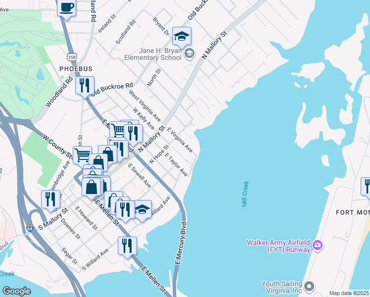 map of restaurants, bars, coffee shops, grocery stores, and more near 120 East Virginia Avenue in Hampton
