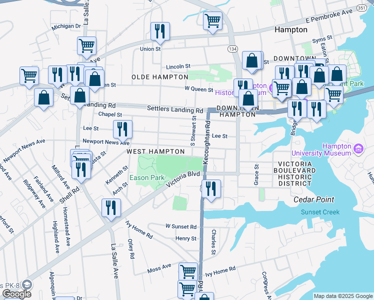 map of restaurants, bars, coffee shops, grocery stores, and more near 413 Newport News Avenue in Hampton