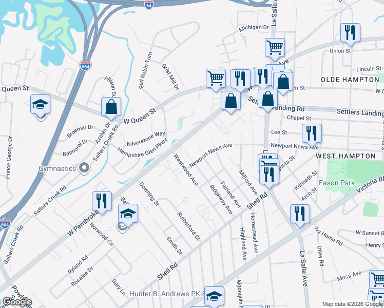 map of restaurants, bars, coffee shops, grocery stores, and more near 910 Ridgeway Avenue in Hampton