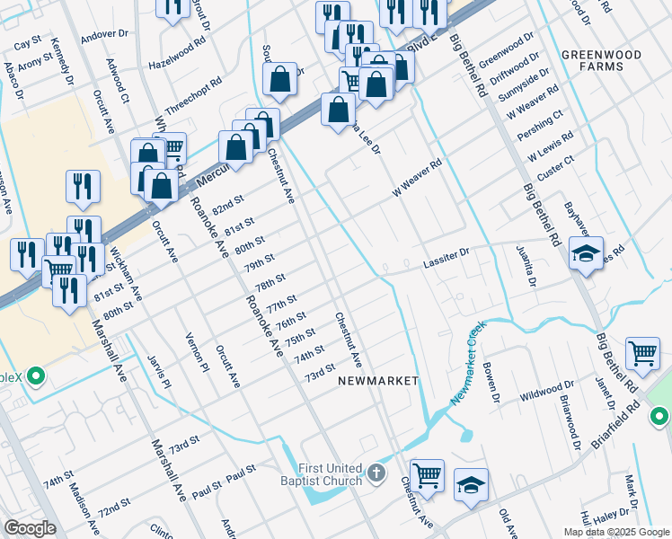 map of restaurants, bars, coffee shops, grocery stores, and more near 1201 77th Street in Newport News