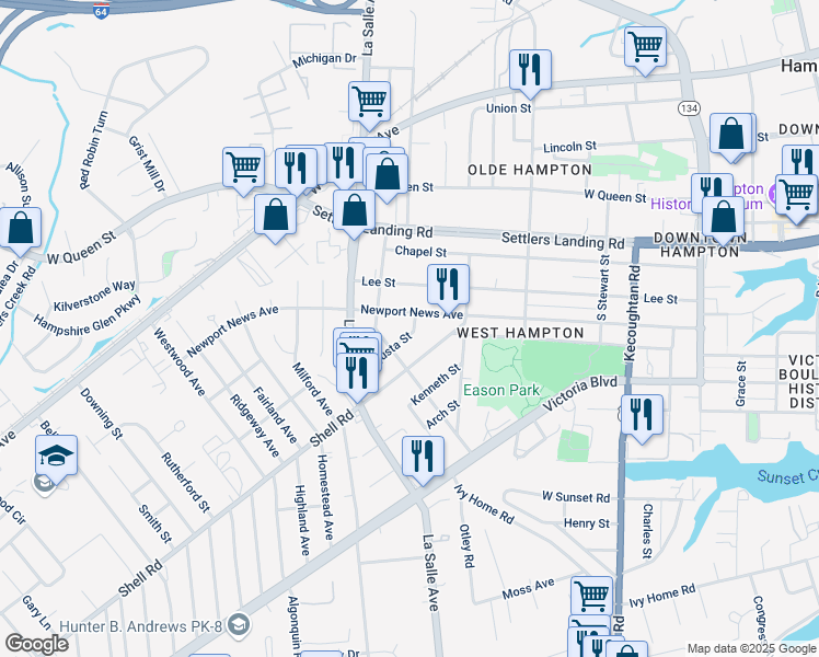 map of restaurants, bars, coffee shops, grocery stores, and more near 621 Augusta Street in Hampton