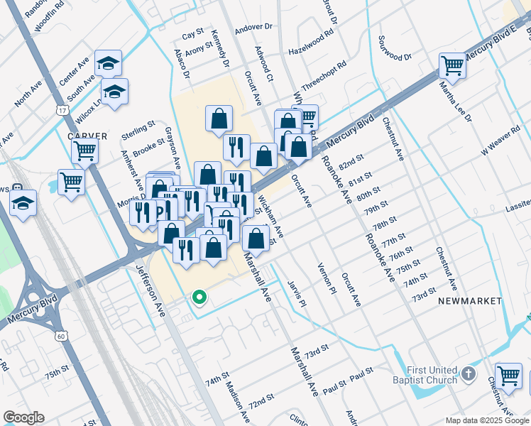 map of restaurants, bars, coffee shops, grocery stores, and more near 8105 Wickham Avenue in Newport News