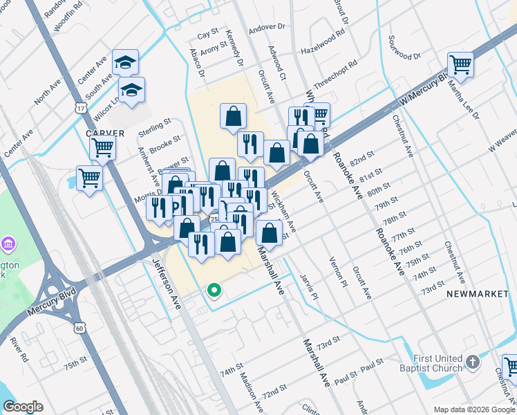 map of restaurants, bars, coffee shops, grocery stores, and more near 5113 West Mercury Boulevard in Hampton