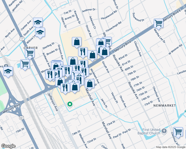 map of restaurants, bars, coffee shops, grocery stores, and more near 8105 Wickham Avenue in Newport News