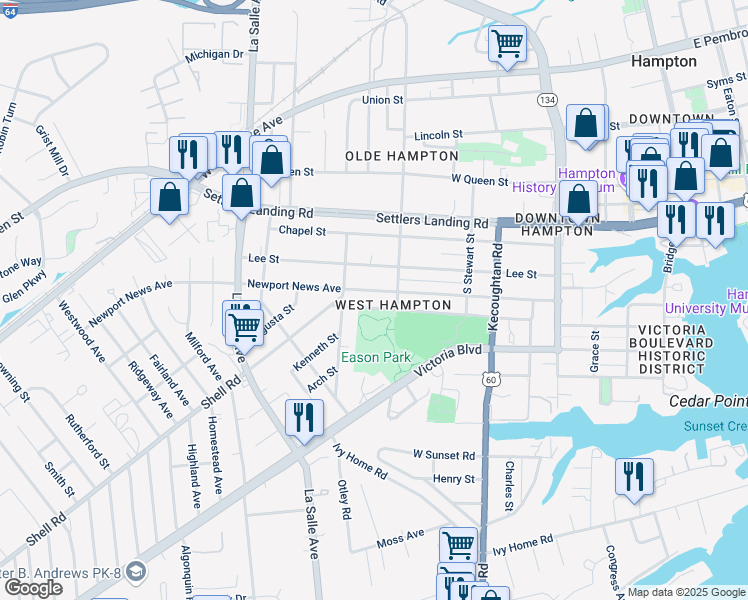 map of restaurants, bars, coffee shops, grocery stores, and more near 535 Thornette Street in Hampton