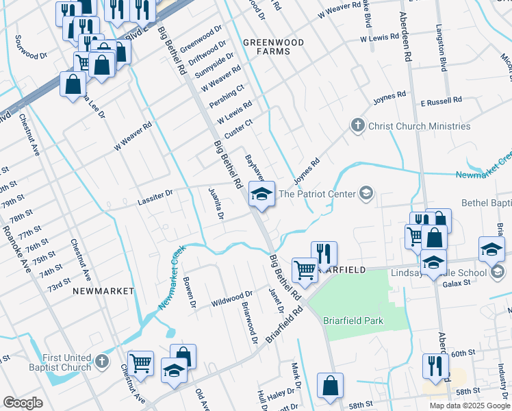 map of restaurants, bars, coffee shops, grocery stores, and more near 208 Joynes Road in Hampton
