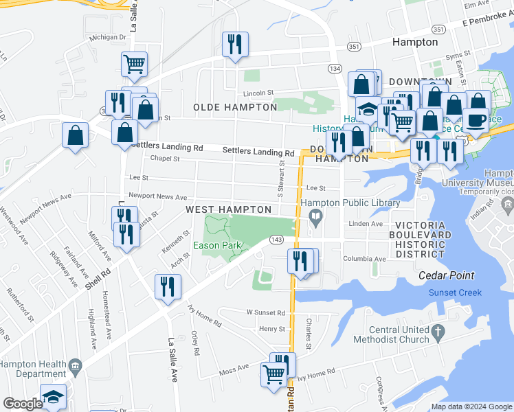 map of restaurants, bars, coffee shops, grocery stores, and more near 435 Newport News Avenue in Hampton