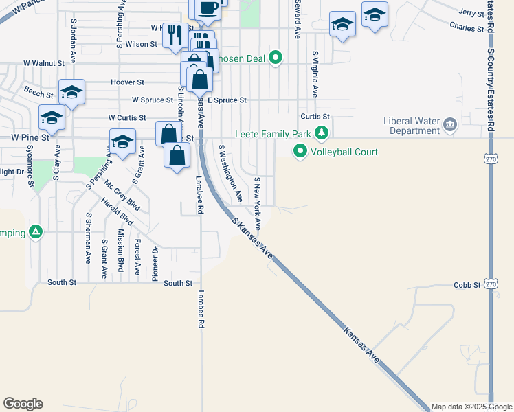 map of restaurants, bars, coffee shops, grocery stores, and more near 300 East Birch Street in Liberal