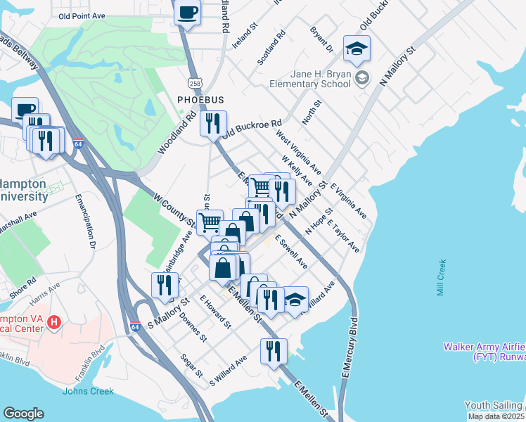 map of restaurants, bars, coffee shops, grocery stores, and more near 608 East Mercury Boulevard in Hampton