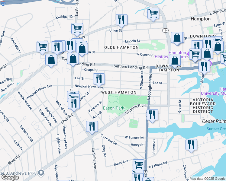 map of restaurants, bars, coffee shops, grocery stores, and more near 535 Thornette Street in Hampton