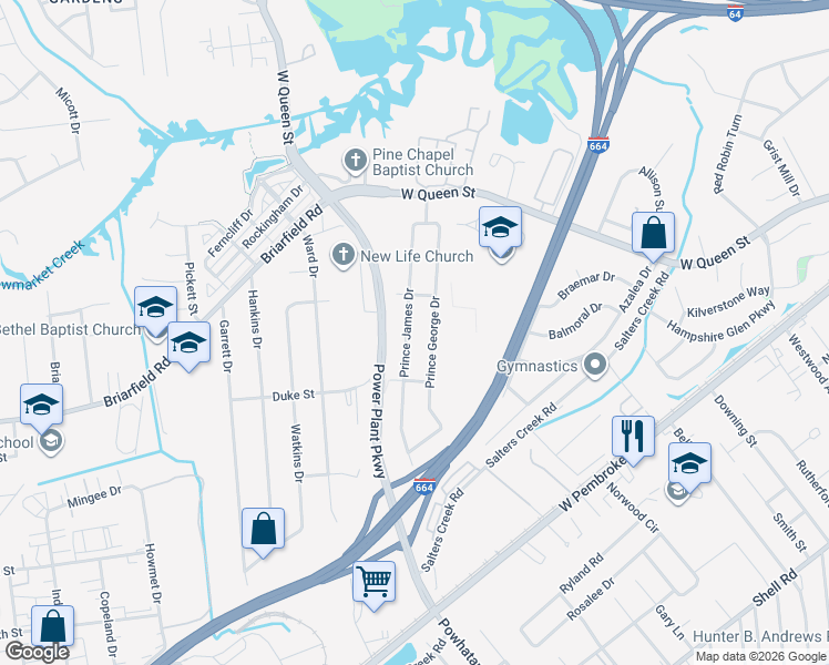 map of restaurants, bars, coffee shops, grocery stores, and more near 113 Prince James Drive in Hampton