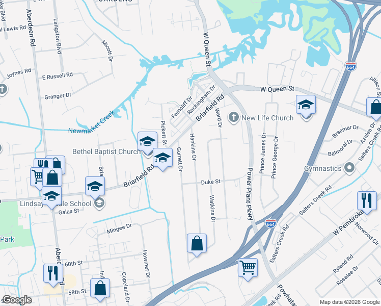 map of restaurants, bars, coffee shops, grocery stores, and more near 18 Hankins Drive in Hampton