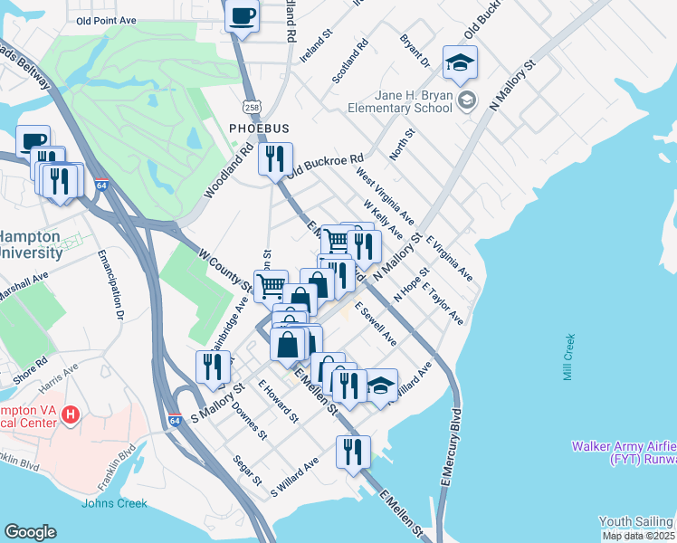 map of restaurants, bars, coffee shops, grocery stores, and more near 608 East Mercury Boulevard in Hampton