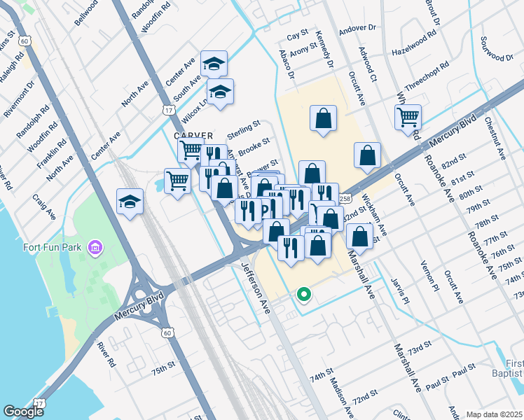 map of restaurants, bars, coffee shops, grocery stores, and more near 605 Newmarket Drive North in Newport News