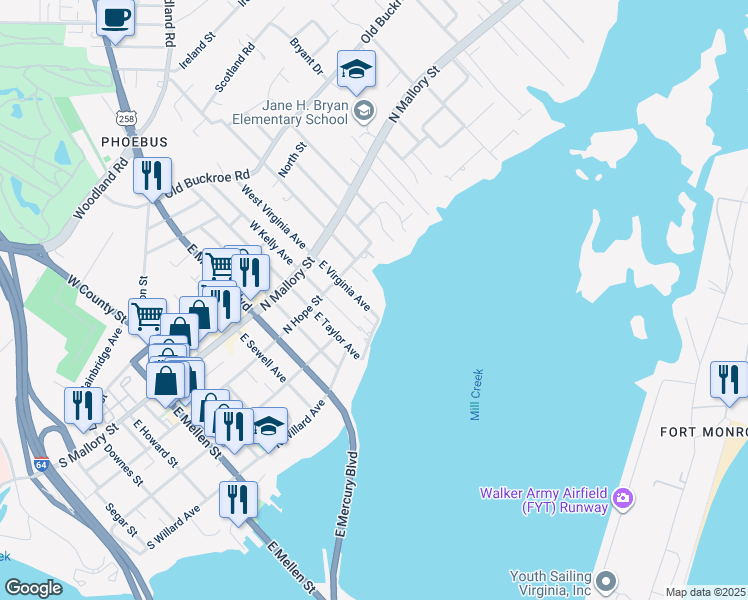 map of restaurants, bars, coffee shops, grocery stores, and more near 141 East Virginia Avenue in Hampton