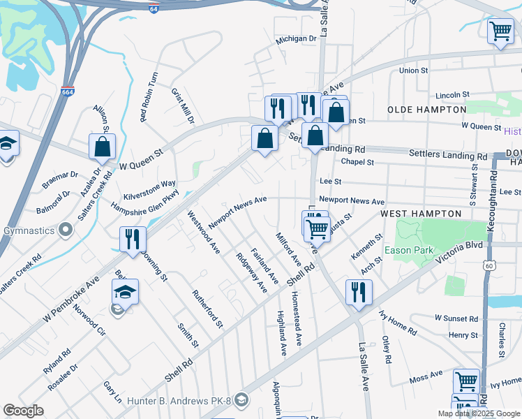 map of restaurants, bars, coffee shops, grocery stores, and more near 815 Judy Court in Hampton