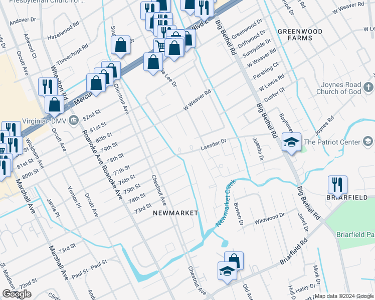 map of restaurants, bars, coffee shops, grocery stores, and more near 901 Emma Kate Court in Newport News