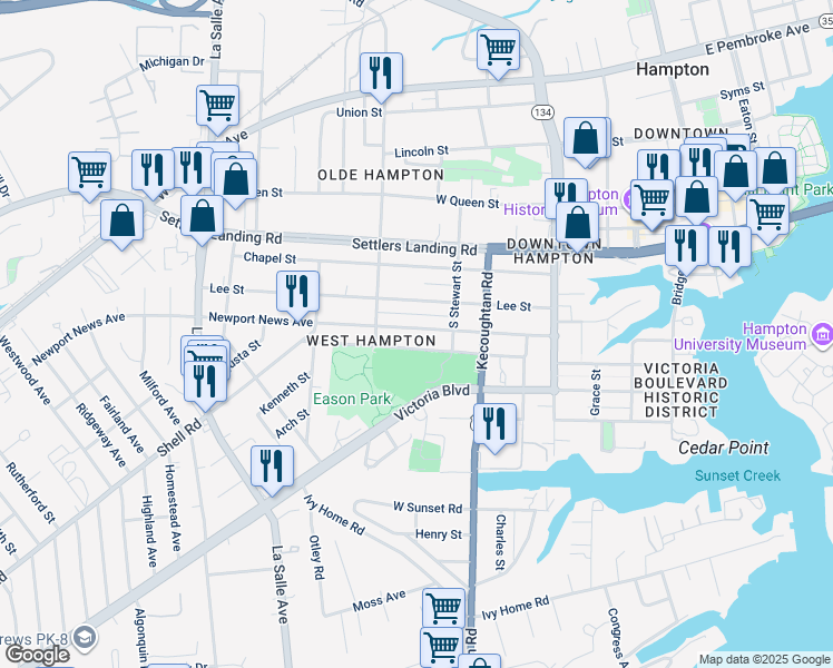 map of restaurants, bars, coffee shops, grocery stores, and more near 435 Newport News Avenue in Hampton