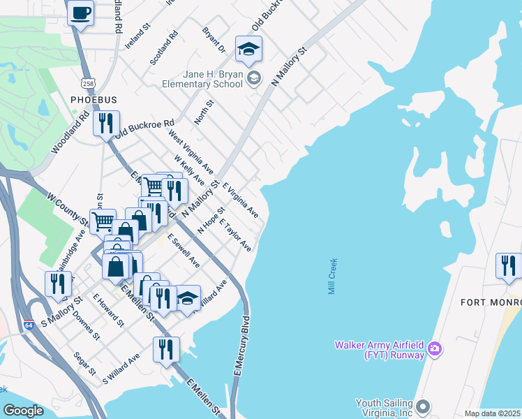map of restaurants, bars, coffee shops, grocery stores, and more near 141 East Virginia Avenue in Hampton