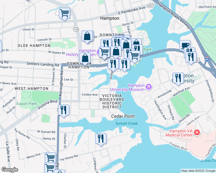 map of restaurants, bars, coffee shops, grocery stores, and more near 500 Bridge Street in Hampton