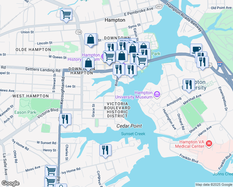 map of restaurants, bars, coffee shops, grocery stores, and more near 497 Bridge Street in Hampton