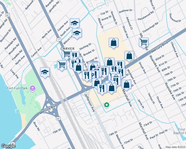 map of restaurants, bars, coffee shops, grocery stores, and more near 605 Newmarket Drive North in Newport News