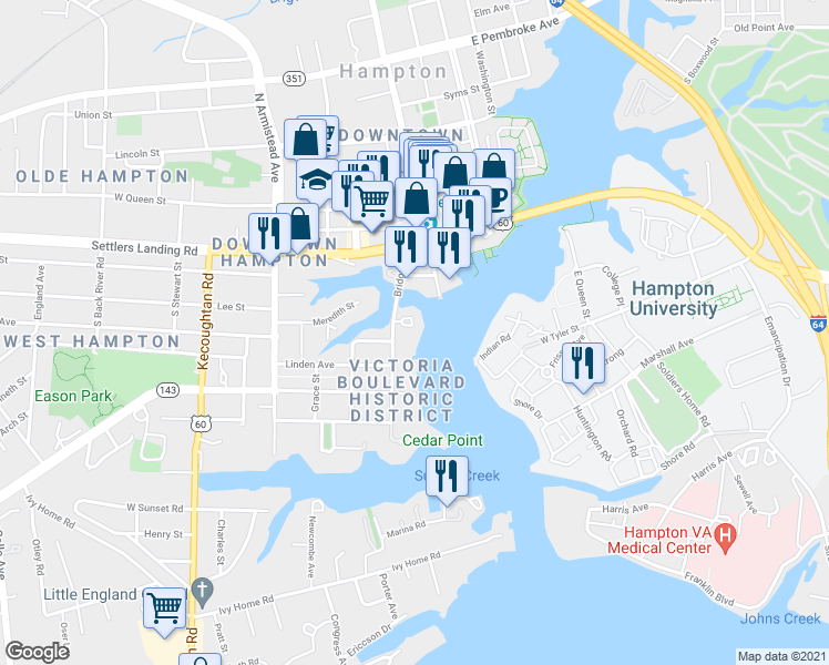 map of restaurants, bars, coffee shops, grocery stores, and more near 463 Bridge Street in Hampton