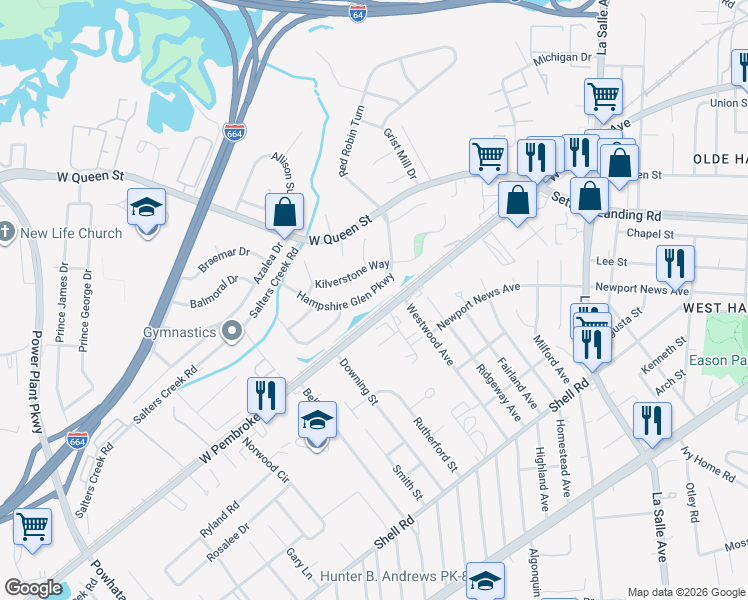 map of restaurants, bars, coffee shops, grocery stores, and more near 33 Hampshire Glen Parkway in Hampton
