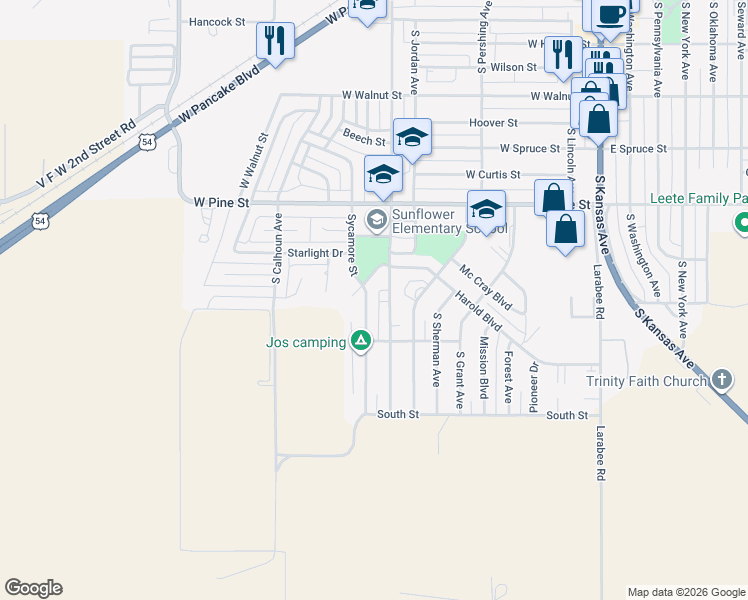 map of restaurants, bars, coffee shops, grocery stores, and more near 1101-1299 Sycamore St in Liberal