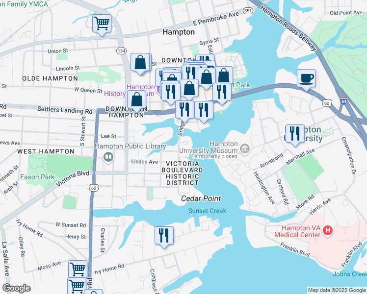 map of restaurants, bars, coffee shops, grocery stores, and more near 500 Bridge Street in Hampton