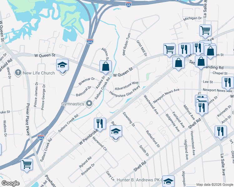 map of restaurants, bars, coffee shops, grocery stores, and more near 13 Hampshire Glen Parkway in Hampton