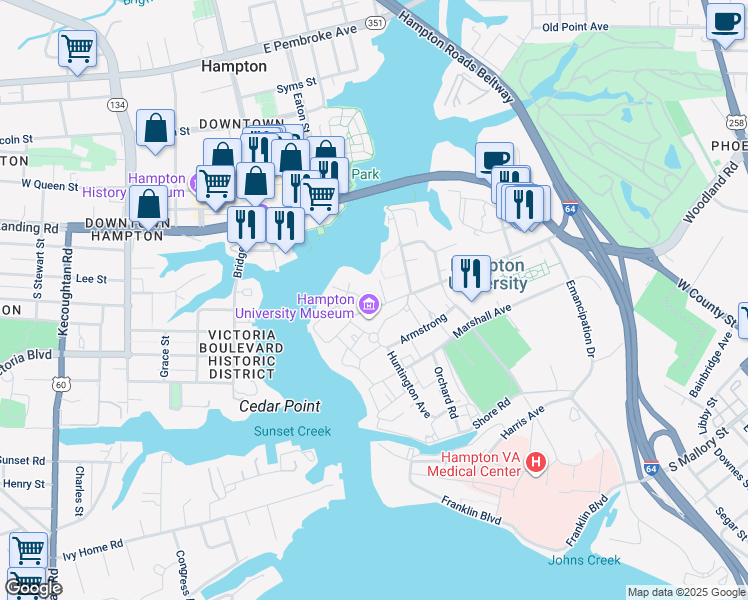 map of restaurants, bars, coffee shops, grocery stores, and more near 3 Gatewood Street in Hampton