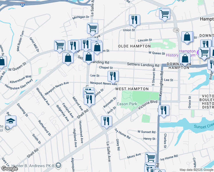 map of restaurants, bars, coffee shops, grocery stores, and more near 619 Newport News Avenue in Hampton