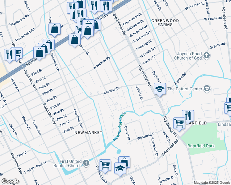 map of restaurants, bars, coffee shops, grocery stores, and more near 135 Lassiter Drive in Hampton
