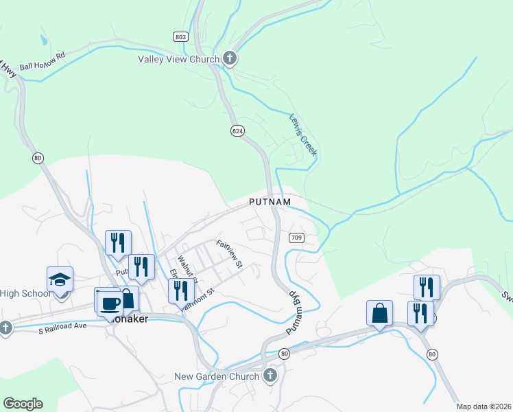 map of restaurants, bars, coffee shops, grocery stores, and more near 594 Putnam Road in Honaker