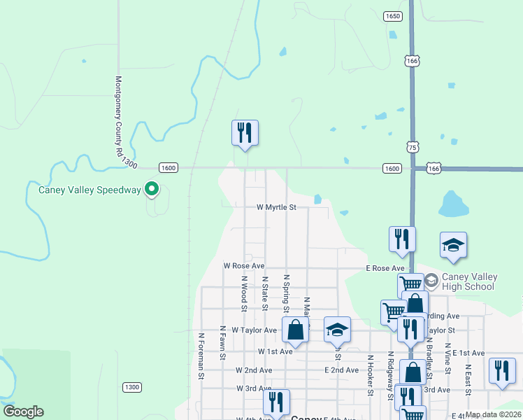 map of restaurants, bars, coffee shops, grocery stores, and more near 1013 North State Street in Caney