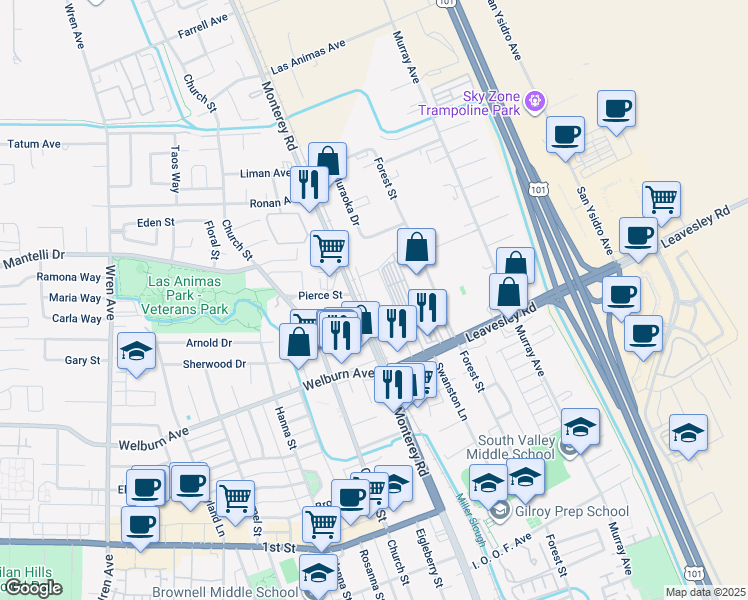 map of restaurants, bars, coffee shops, grocery stores, and more near 8500-8598 Monterey St in Gilroy