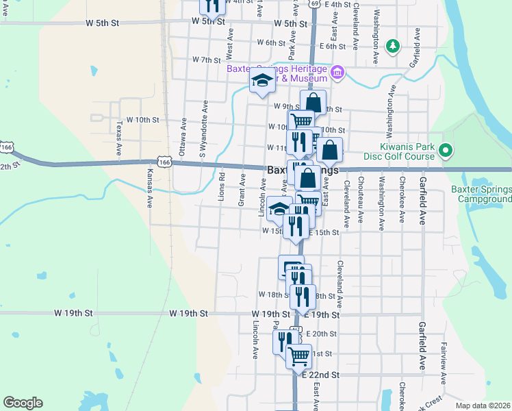 map of restaurants, bars, coffee shops, grocery stores, and more near 301-399 W 14th St in Baxter Springs