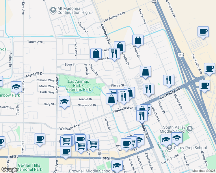 map of restaurants, bars, coffee shops, grocery stores, and more near 8587 Church Street in Gilroy