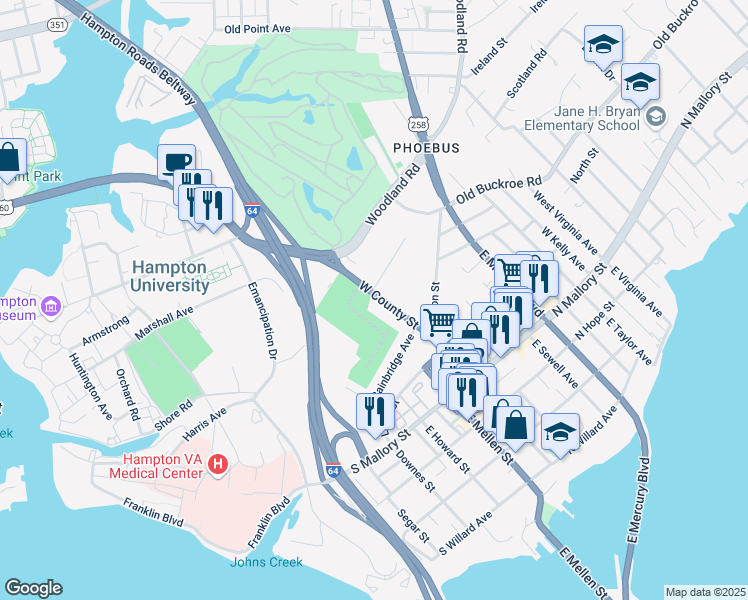 map of restaurants, bars, coffee shops, grocery stores, and more near 99 West County Street in Hampton